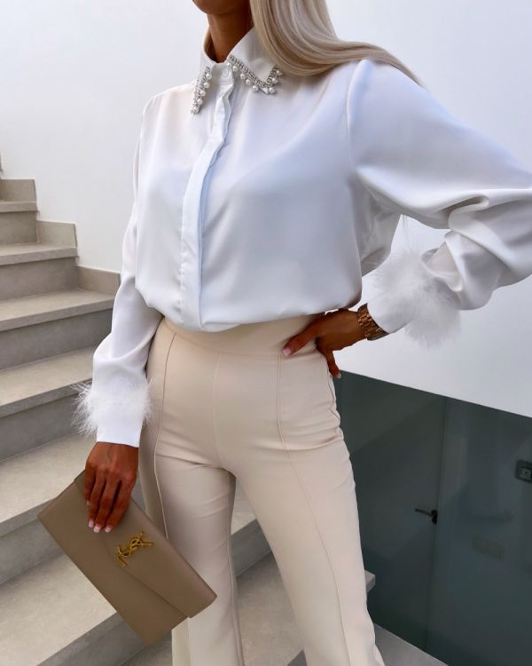 White Silky Blouse With Pearls And Feathers