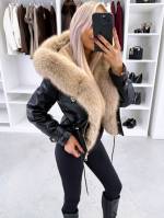 Коричневый Парка с регулируемой талией и роскошным искусственным мехом