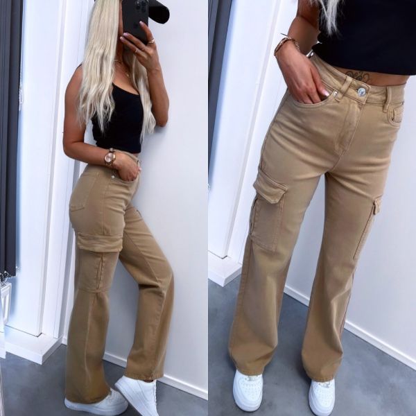 Camel Straight-cut Stretch Cargo Pants