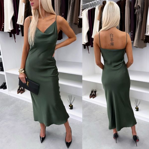 Khaki Silky Dress With Shoulder Straps