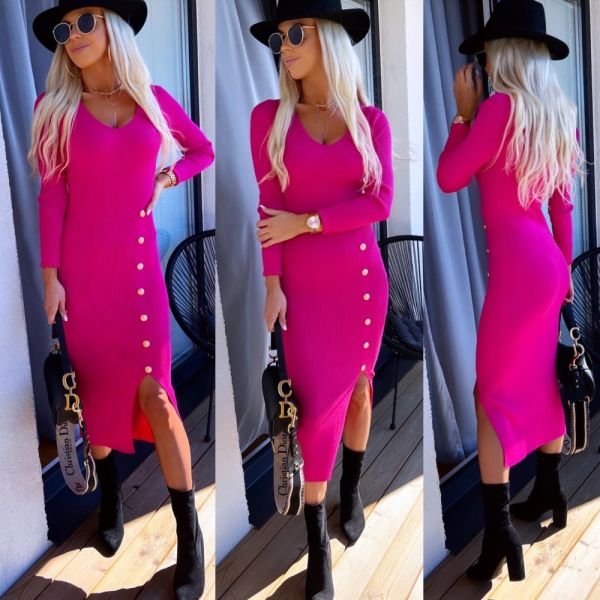 Fuchsia Gold-buttoned Side-slit Sweater Dress