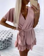 Valge Keskelt Paelaga Lühike Jumpsuit