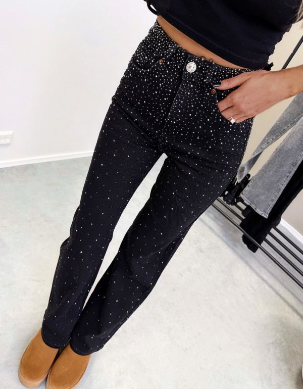 Black Straight-cut Stretch Jeans With Rhinestones