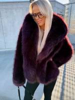 Taupe Luksusowy Płaszcz Ze Sztucznego Futra Z Kapturem