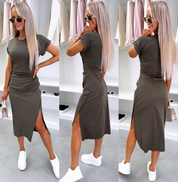 Khaki Shirt Dress With A Slit And Ruched Waist