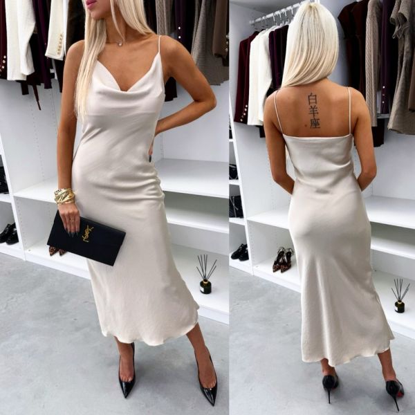 Light Beige Silky Dress With Shoulder Straps