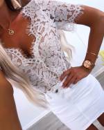 Valge Lühikese Varrukaga Pitsist Body