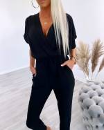 Черный Длинный комбинезон с резинкой посередине