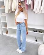 Mėlyna Tamprūs Viso Ilgio Tiesaus Kirpimo Džinsai