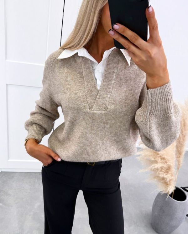 Taupe Comfortable Sweater With White Collar