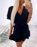 Valge Keskelt Paelaga Lühike Jumpsuit