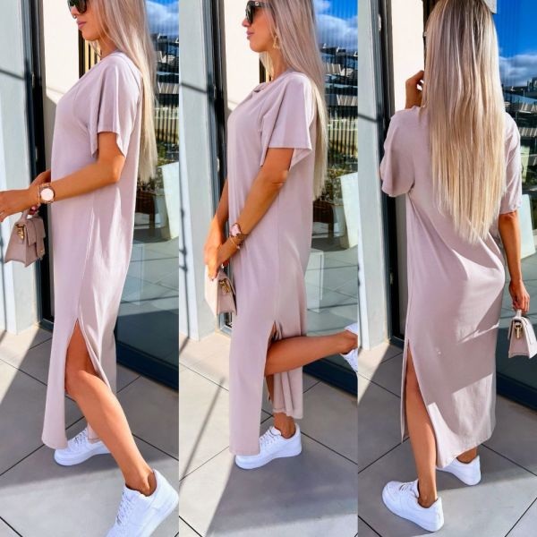 Beige Longer Shirt Dress With Slit