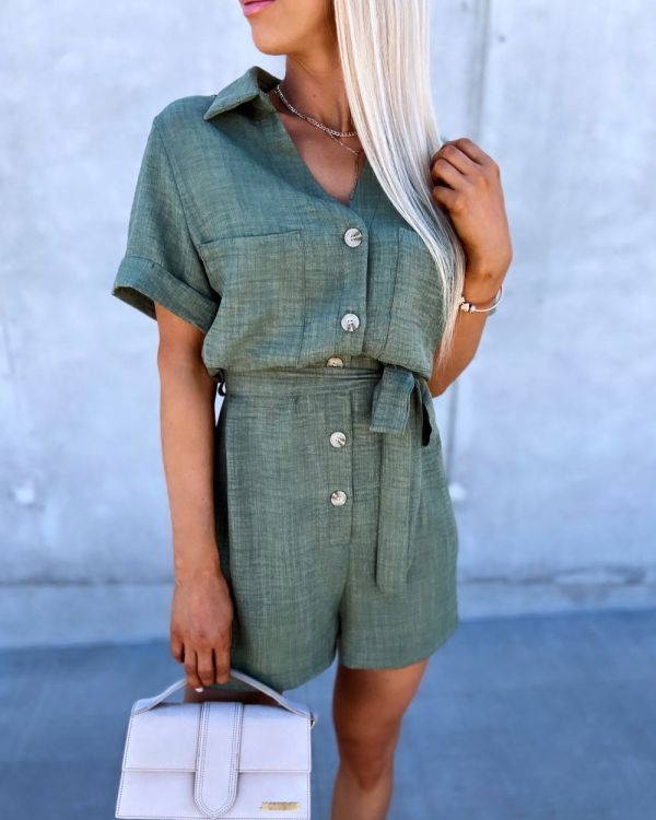 Khaki Tie-waist Jumpsuit With Buttons