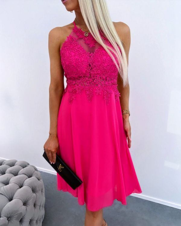 Fuchsia Chiffon Dress With Lace Top