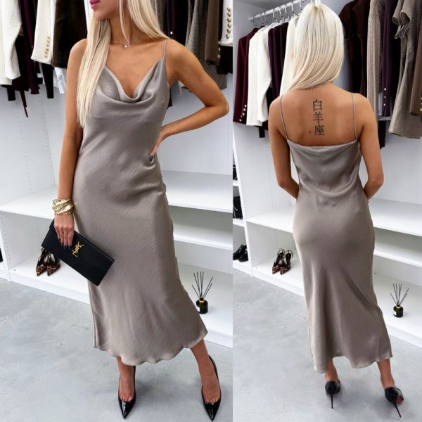Taupe Silky Dress With Shoulder Straps