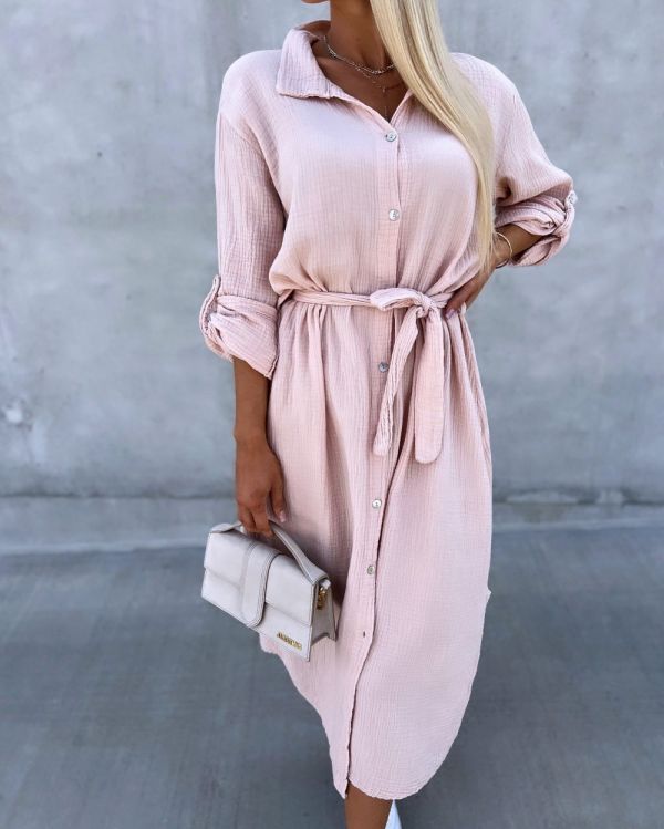 Light Pink Tie Waist Buttoned Cotton Dress