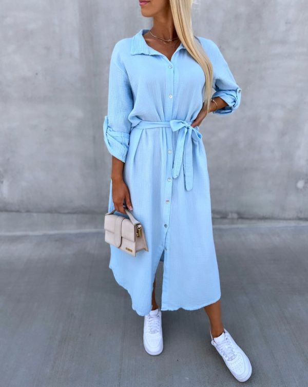 Light Blue Tie Waist Buttoned Cotton Dress