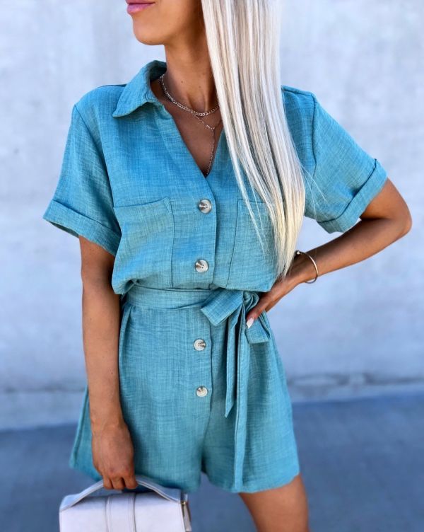 Blue Tie-waist Jumpsuit With Buttons