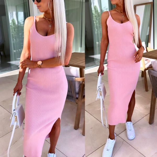 Pink Slit Casual Dress