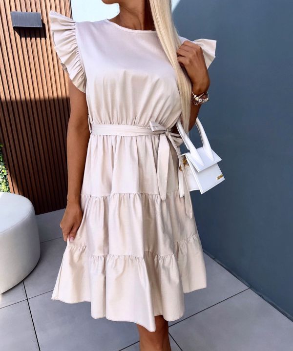 Beige Adjustable Waist Dress With Ruffles