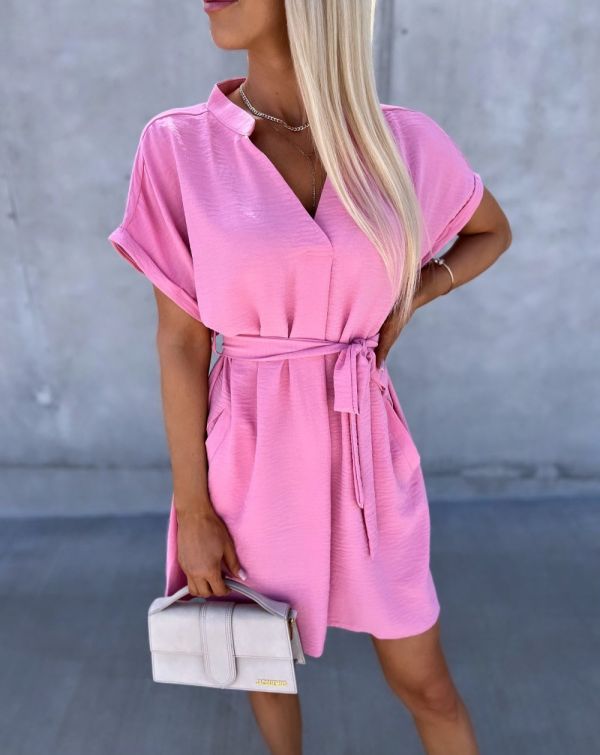 Pink Casual Dress With Pockets And Belt