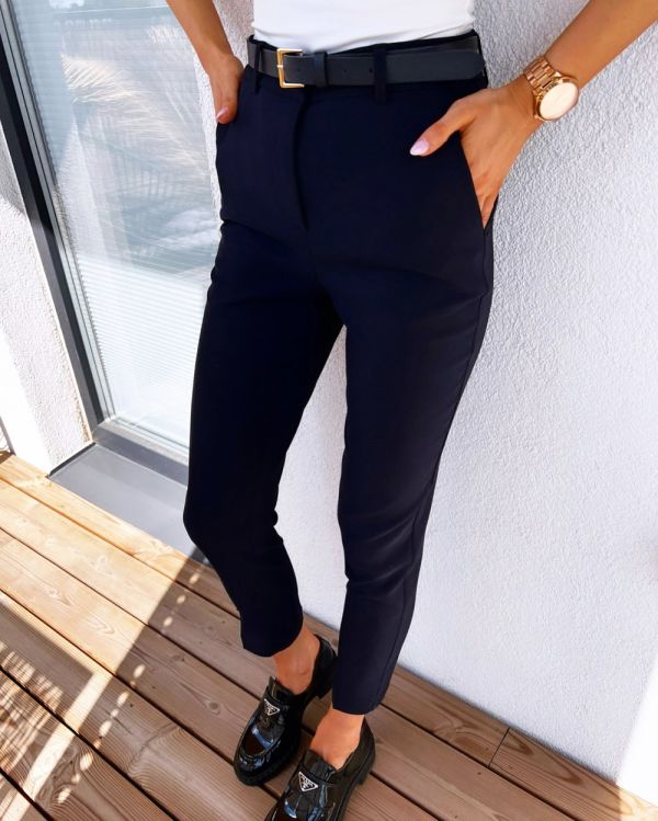 Navy Blue Belted Formal Pants