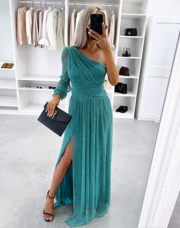 Turquoise Blizgi Ilga Suknelė