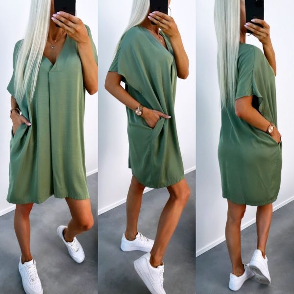 Khaki Pocketed Flowy Dress