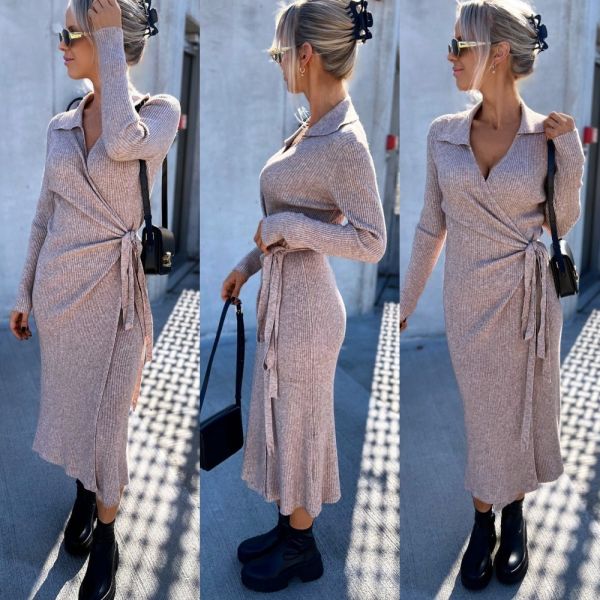 Taupe Stretch Wrap Sweater Dress