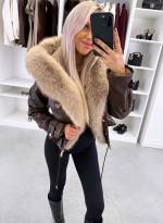 Коричневый Парка с регулируемой талией и роскошным искусственным мехом