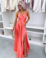 Turquoise Ilga Suknelė Su Skeltuku