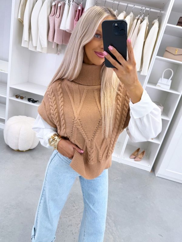 Karmelowy Biała Dzianinowa Kamizelka Z Podszewką