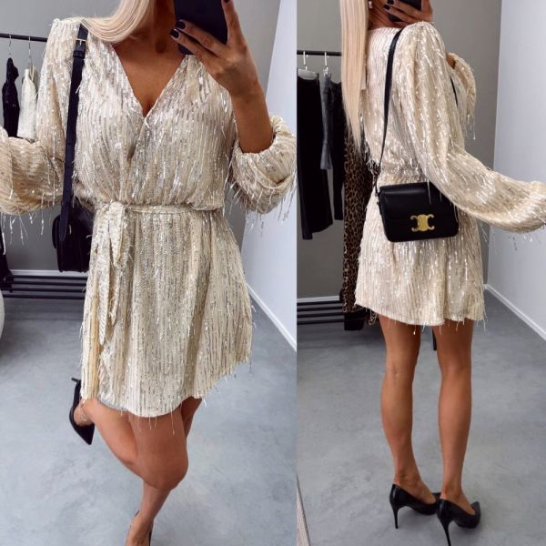 Beige Sequin Tie-waist Dress