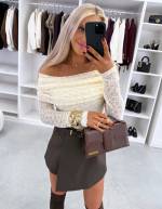 Brązowy Top Z Elastycznej Koronki