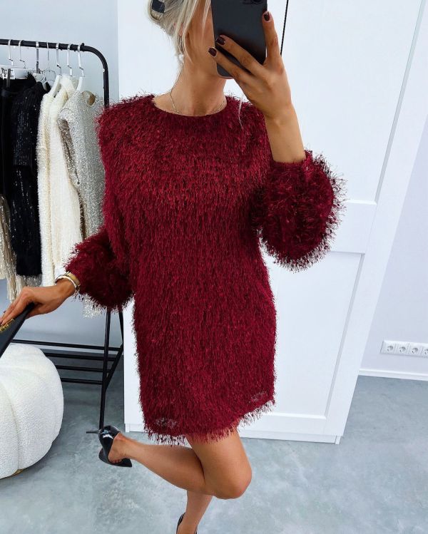 Dark Red Long-sleeve Flowy Dress