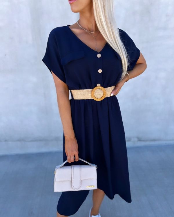 Navy Blue Belted Casual Dress