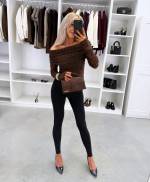 Brązowy Top Z Elastycznej Koronki