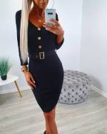 Pilka Megzta Suknelė Ilgomis Rankovėmis Su Diržu