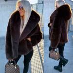 Taupe Luksusowy Płaszcz Ze Sztucznego Futra Z Kapturem