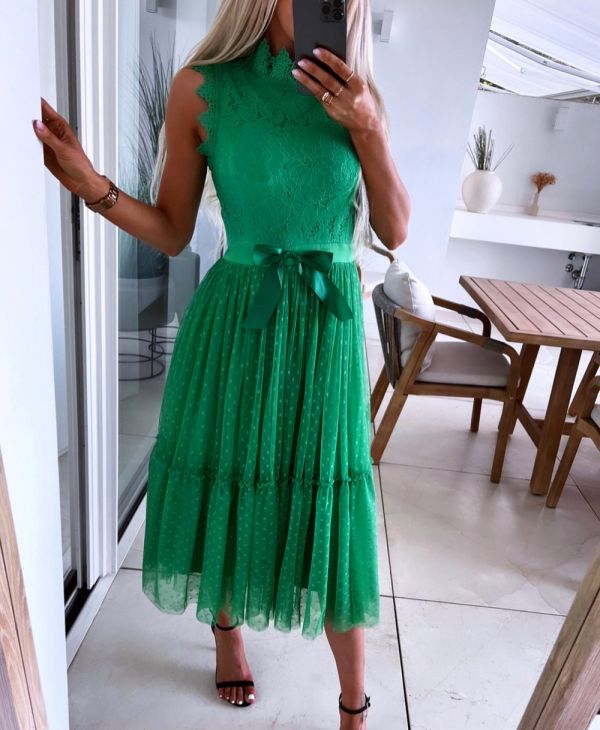 Green Tie-front Tulle Dress