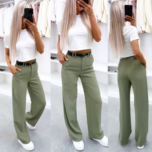 Olive Green Straight-cut Pants With Belt