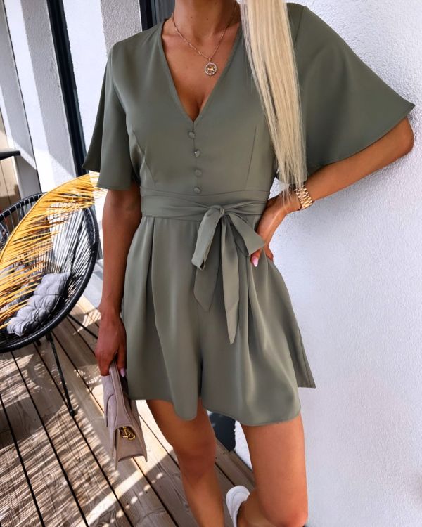 Khaki Keskelt Seotav Jumpsuit