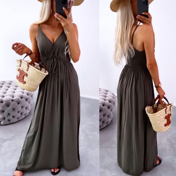 Khaki Tie-waist Maxi Dress