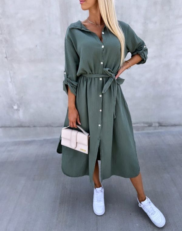 Khaki Tie Waist Buttoned Cotton Dress