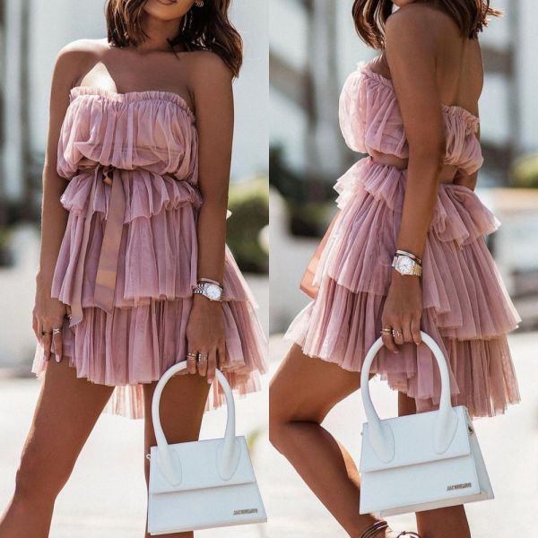 Pink Tie-waist Shorter Tulle Dress