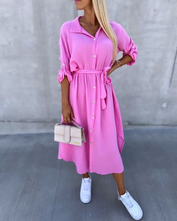 Pink Tie Waist Buttoned Cotton Dress