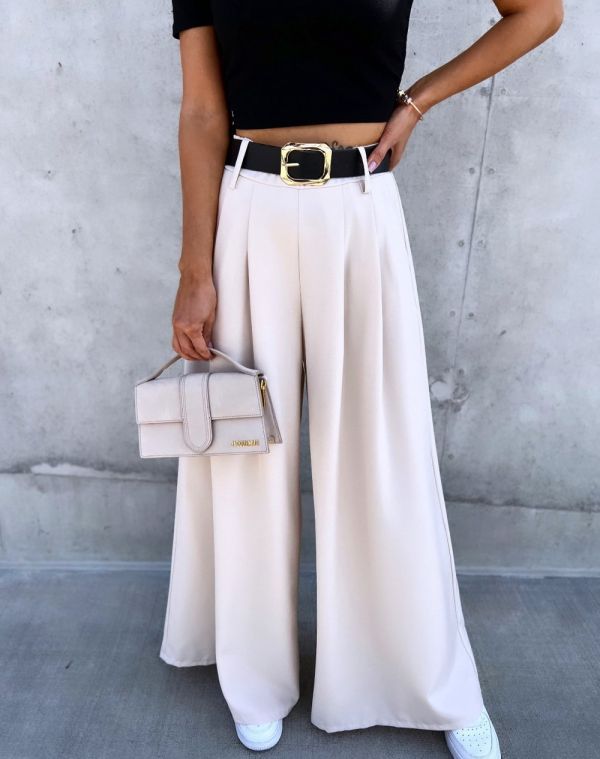 Beige Belted Wide Pants