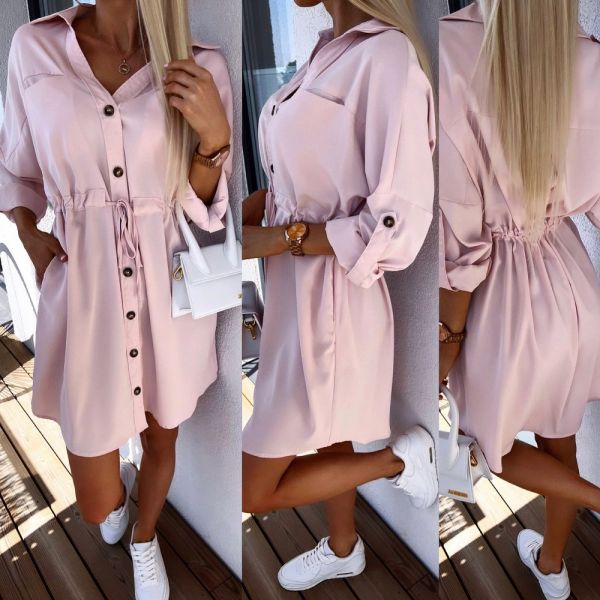 Light Pink Tie Waist Buttoned Casual Dress