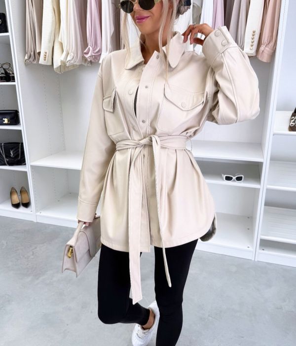 Beige Leather Snap Button Jacket