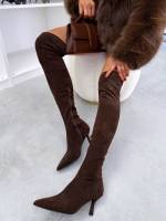 Beež Seemisnahksed Kontsaga ülepõlvesaapad